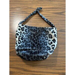 Black, white, and grey fuzzy leopard print zippered tote bag